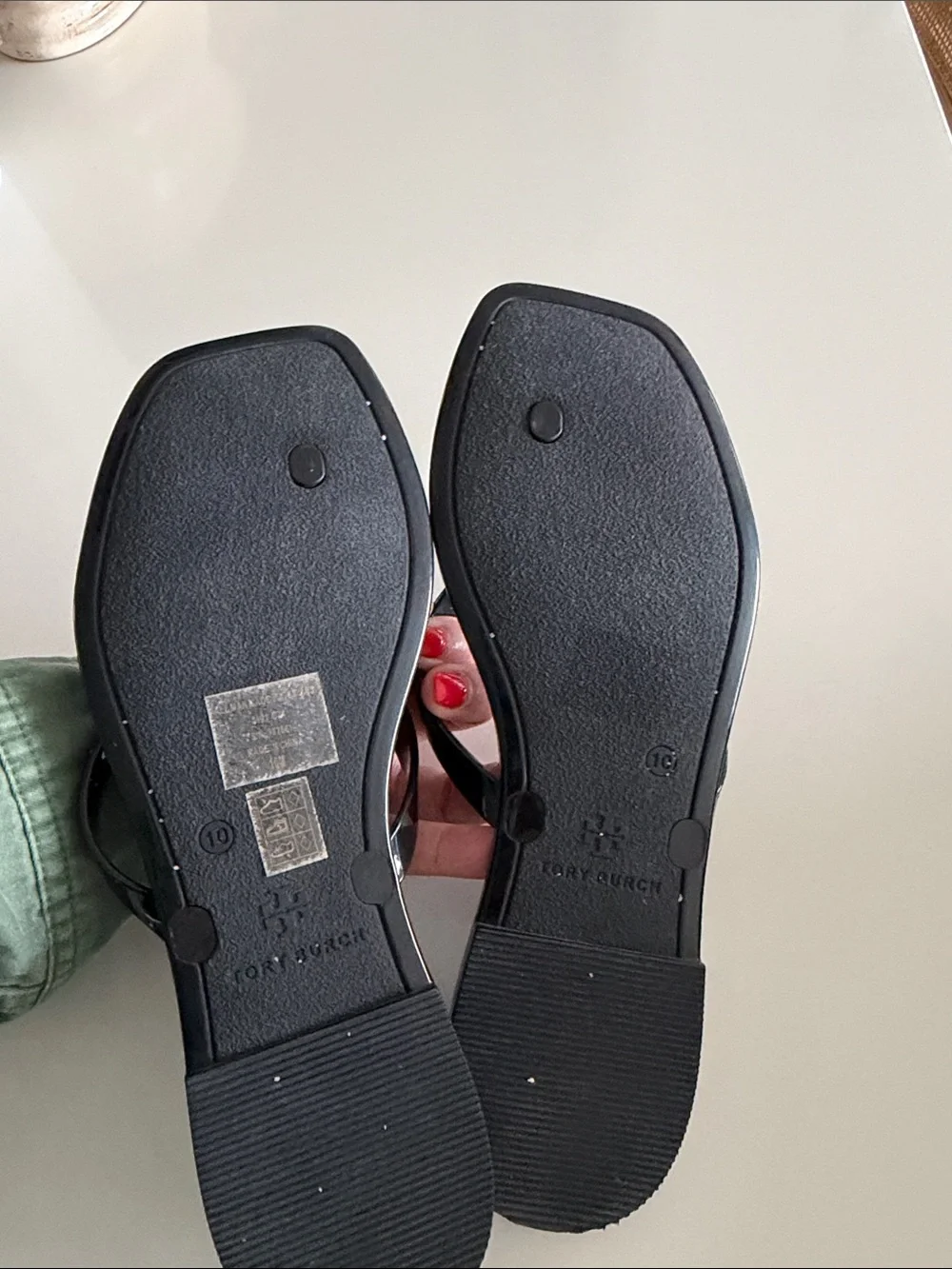 Tory Burch Black Square-Toe Thong Sandals with Subtle Gold Emblem - Picture 6 of 7